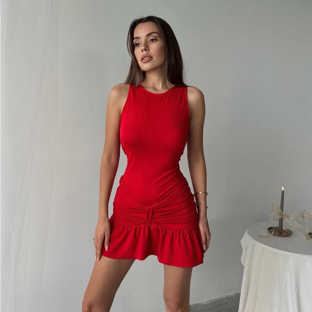 Sleek Red Ruched Mini Dress
